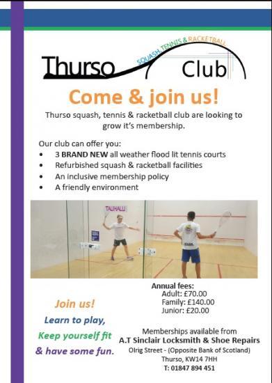 Photograph of Thurso Squash, Tennis and Racketball Club Membership Open Now